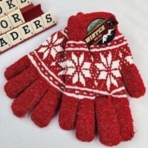 Red Winter Knit Gloves with Snowflake Pattern